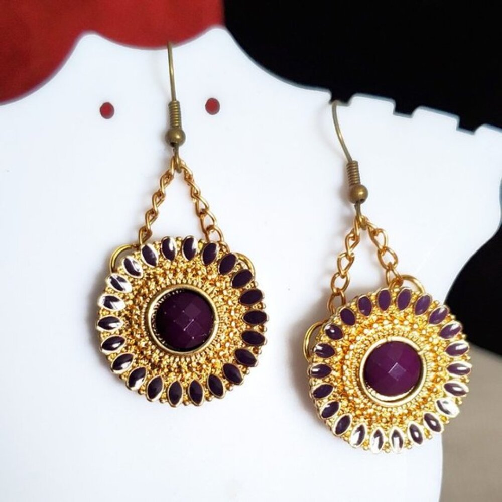 Bronze Hook Gold Tone Purple Sunburst Earrings NWT